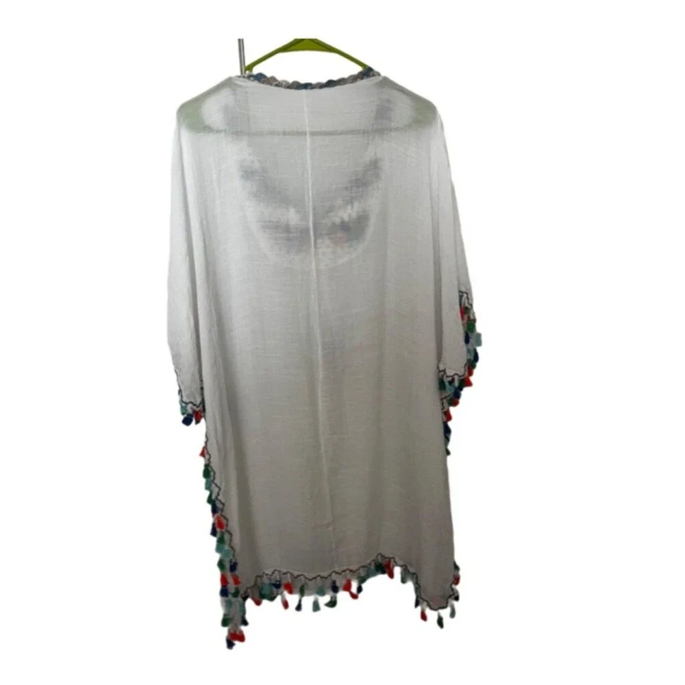 Milana Fashion White Cotton Blend Color Tassel /crochet Swim Cover  L/XL